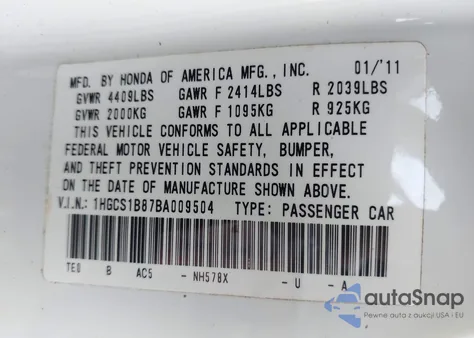2011 Honda Accord 2.4 Ex-L from USA, damaged, VIN 1HGCS1B87BA009504